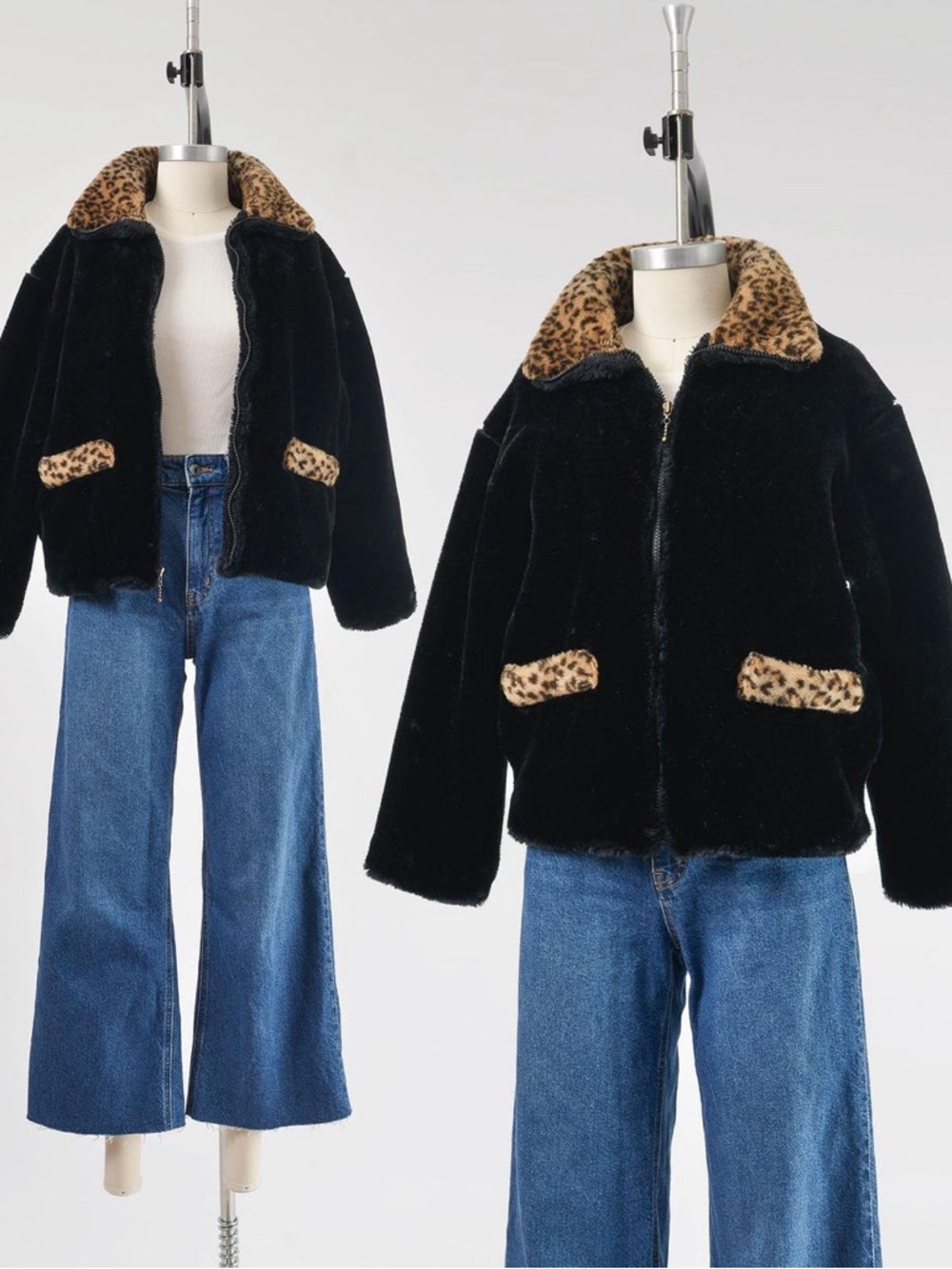 Vintage 90s Black and Leopard Faux Fur Animal Print Jacket Size XS/S